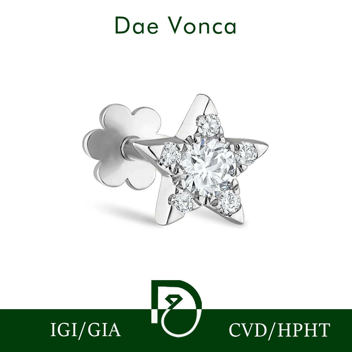Star Shape Lab Grown Diamond Single Stud Earring 9K 14K 18K White Gold Round Cut Diamond Minimalist Threaded Screw Back Earring