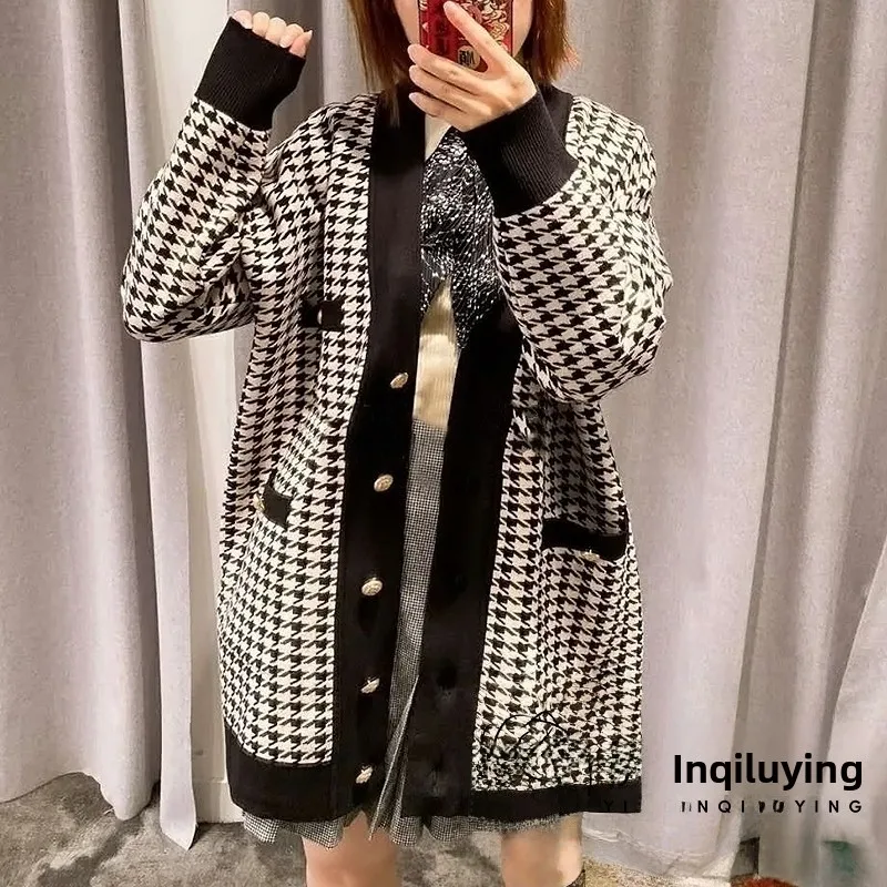 

Вязаный открытый кардиган V-Ne, пальто свободного кроя, осень-зима, модный классический клетчатый дизайн, женский премиум-класса, внешний...