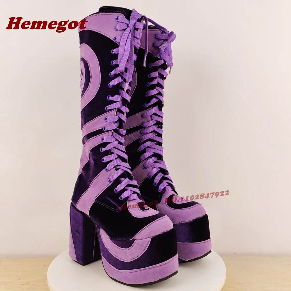 Vortex Purple Platform Velvet Knee High Boots Round Toe Block Heels Lace-Up Women's Boots Side Zipper Patchwork Gothic Shoe 2026