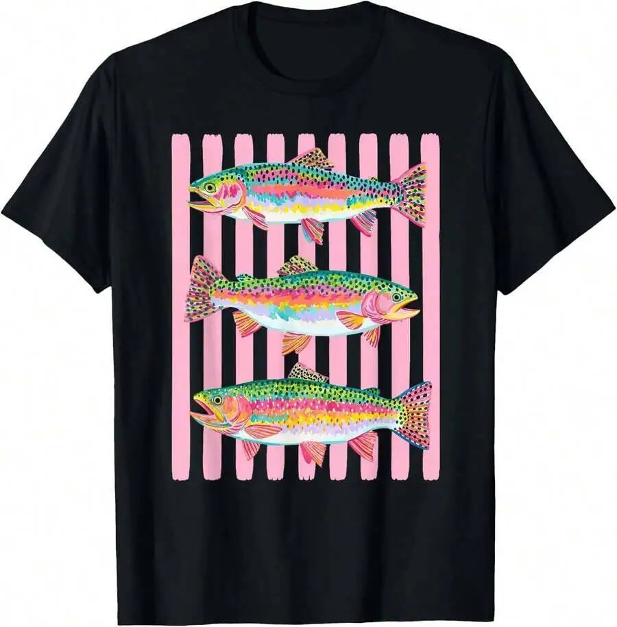 Colorful Rainbow Trout Preppy Summer Lake Life Fishing T-Shirt 100% Cotton Trendy Y2K Short-Sleeve Tee – Soft, Quick-Drying, &