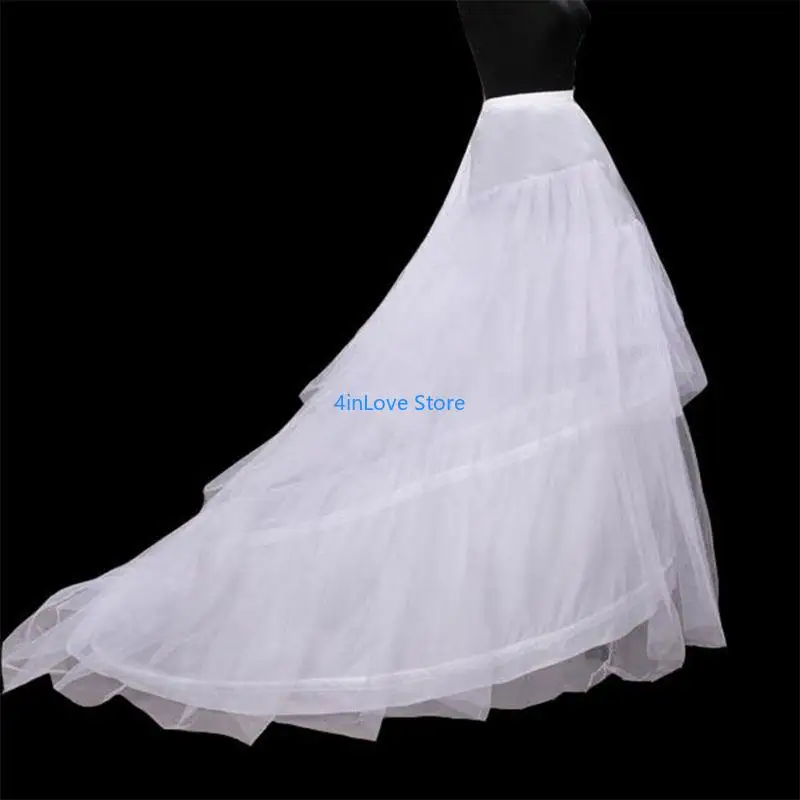 T4MD Women Bridal 2 Hoops 3 Layer Tulle Wedding Long Trailing Petticoat Floor Length