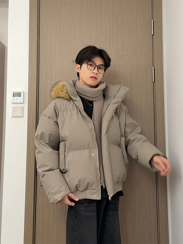 

American Sle Men's down Jaet PU Leather Face Thiened Winter Coat Detachable Large Fur Collar ort Bread Sle