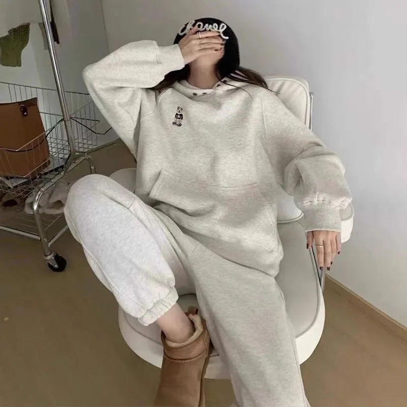 Casual Velvet Lined Women Tracksuit Fall Winter Warm Loose Hooded Jackets Coats Tops Outfit High Waist Harem Pants 2 Piece Sets image 2