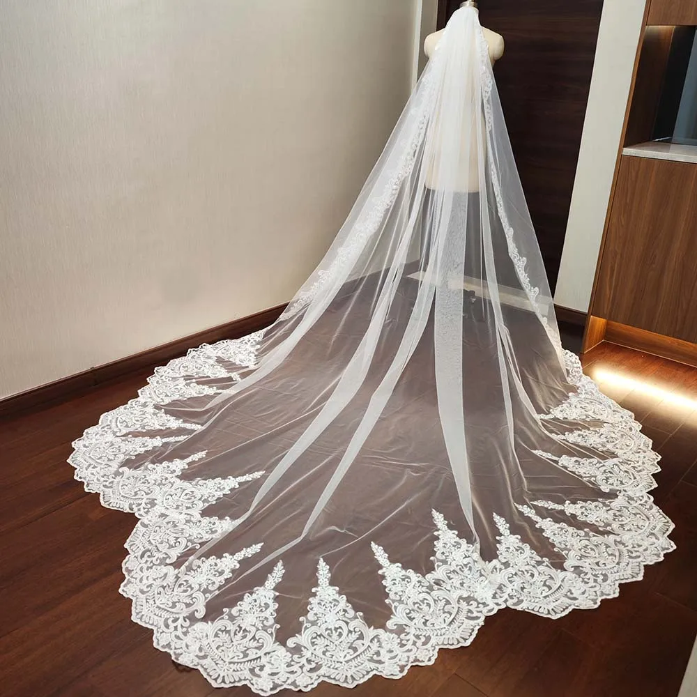 Customized Mermaid Tail Wedding Veil 3m/3.5m/4m Long Lace Bridal Veil with Comb Single Tier Veil Velo de Novias