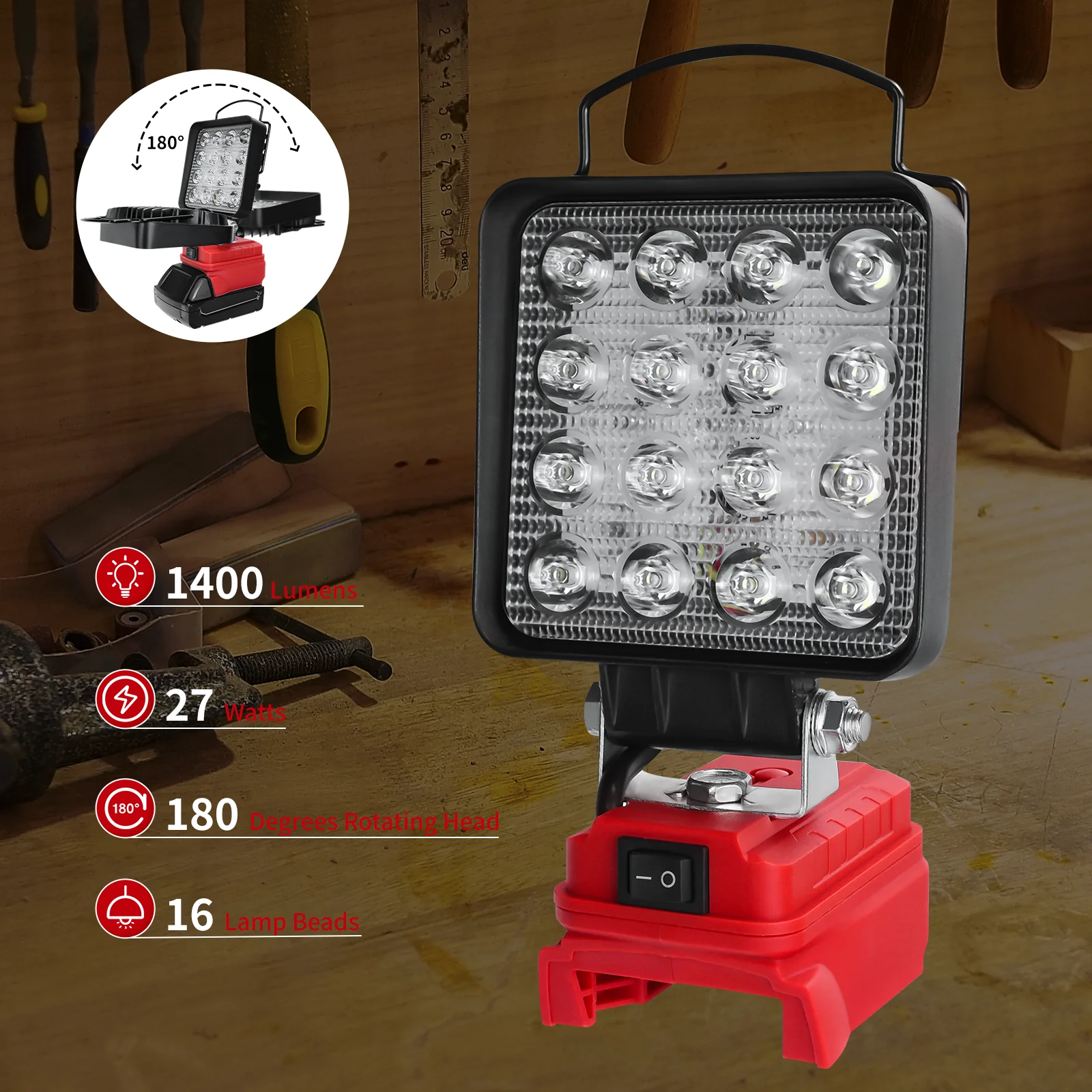 Cordless LED Work Light 27W 1400LM Portable LED Flood Light with Dual USB Charging Port for Milwaukee 18V Battery (No Battery)