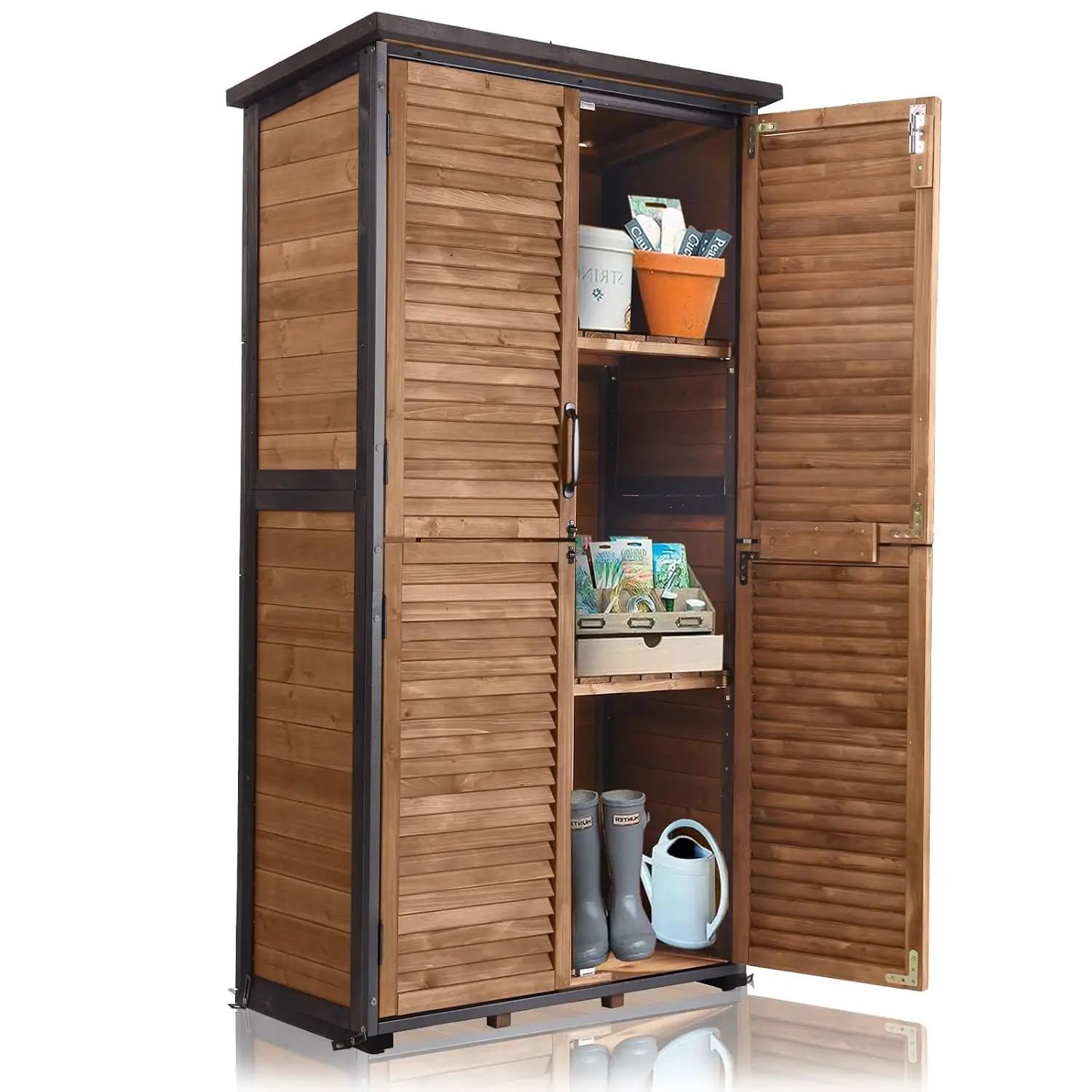 Storage Shed Wood with Floor, Strong Metal Frame, Adjustable Shelves, Waterproof Storage Cabinet Indoor Outdoor Garden
