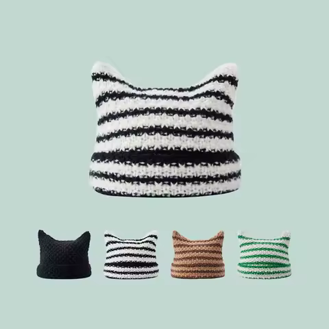 Unisex Cat Ear Stripe Knit Hat Japanese Style Winter Warm Couple Beanie Minimalist Cold Weather Outdoor Fashion Warm Cap