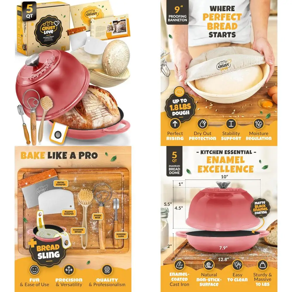 

5-Quart Cast Iron Bread Pan with Lid for Sourdough and Yeast Bread Making, Including Baking Tools
