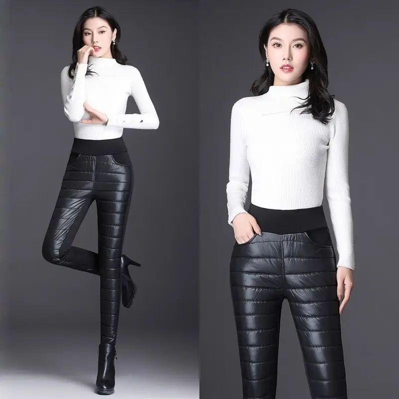 

Winter New Elastic Waist Cotton Pants Women Snow Wear Down Cotton Outdoor Leggings Elegant Slim Thick Warm Stretch Pants X883