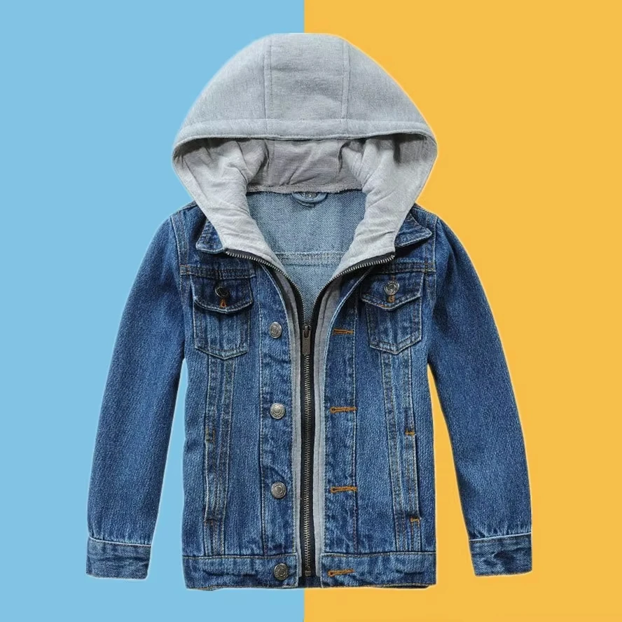 Boys Girls Hooded Denim Jacket Fashion Zipper Design Children Jean Coat For Age2-14 Years Kids Cowboy Outerwear