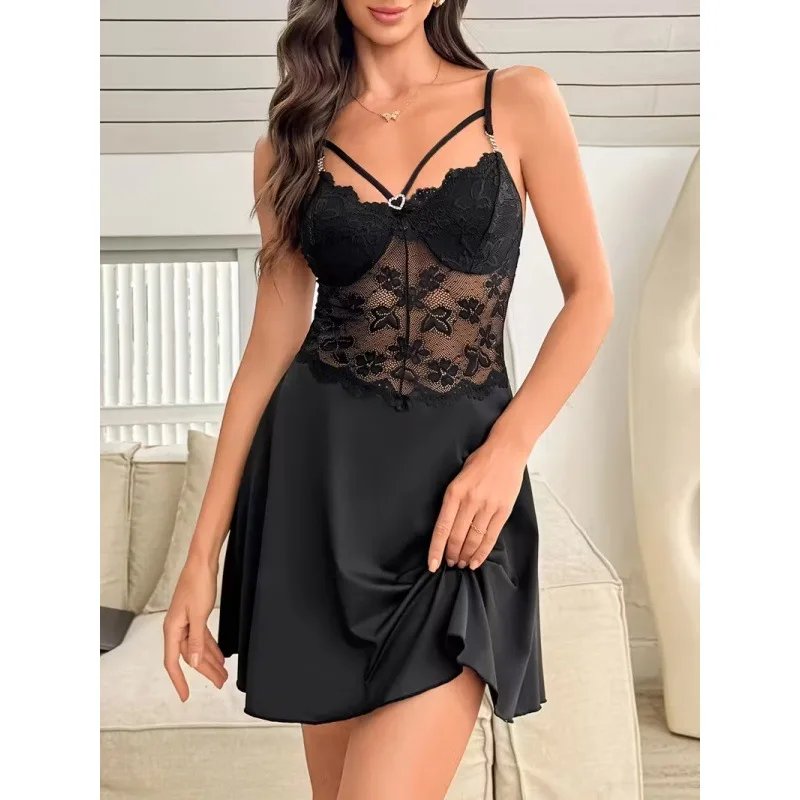 New Style Lace Spliced Nightdress Sexy Lightweight And Breathable Lace Straps Flirtatious And Alluring Black GZAQ