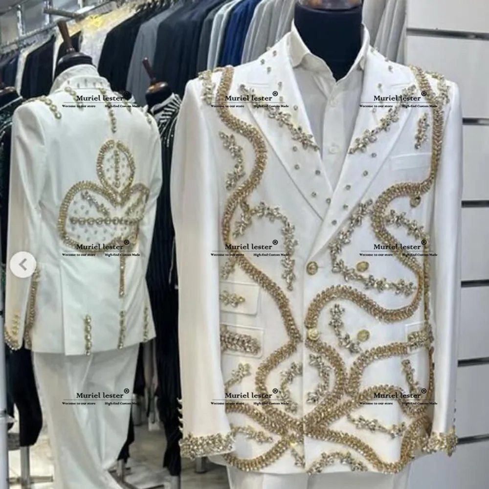 남성용 금속 장식 보석 턱시도, 세트 비즈, 무도회 블레이저, 웨딩 신랑 더블 브레스트, 2 피스 세트