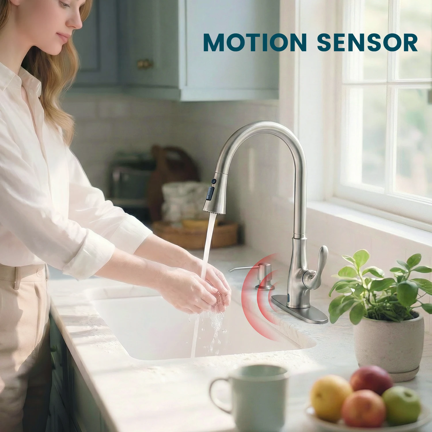 APPASO Touchless Kitchen Faucet, Brushed Nickel, Pull Down Sprayer with Motion Sensor, Hands-Free Single Handle, Smart Pull-Out Hose, Includes Water Lines & Valve, Fits 1 or 3 Hole Installation