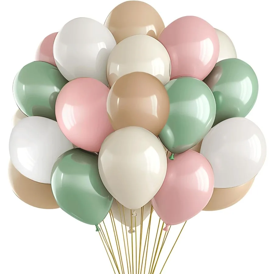 Pink and Dusty Green Balloons 50Pcs 12 Inch Brown Nude Boho White Balloons with Ribbon for Girls Women Birthday Bridal Shower W