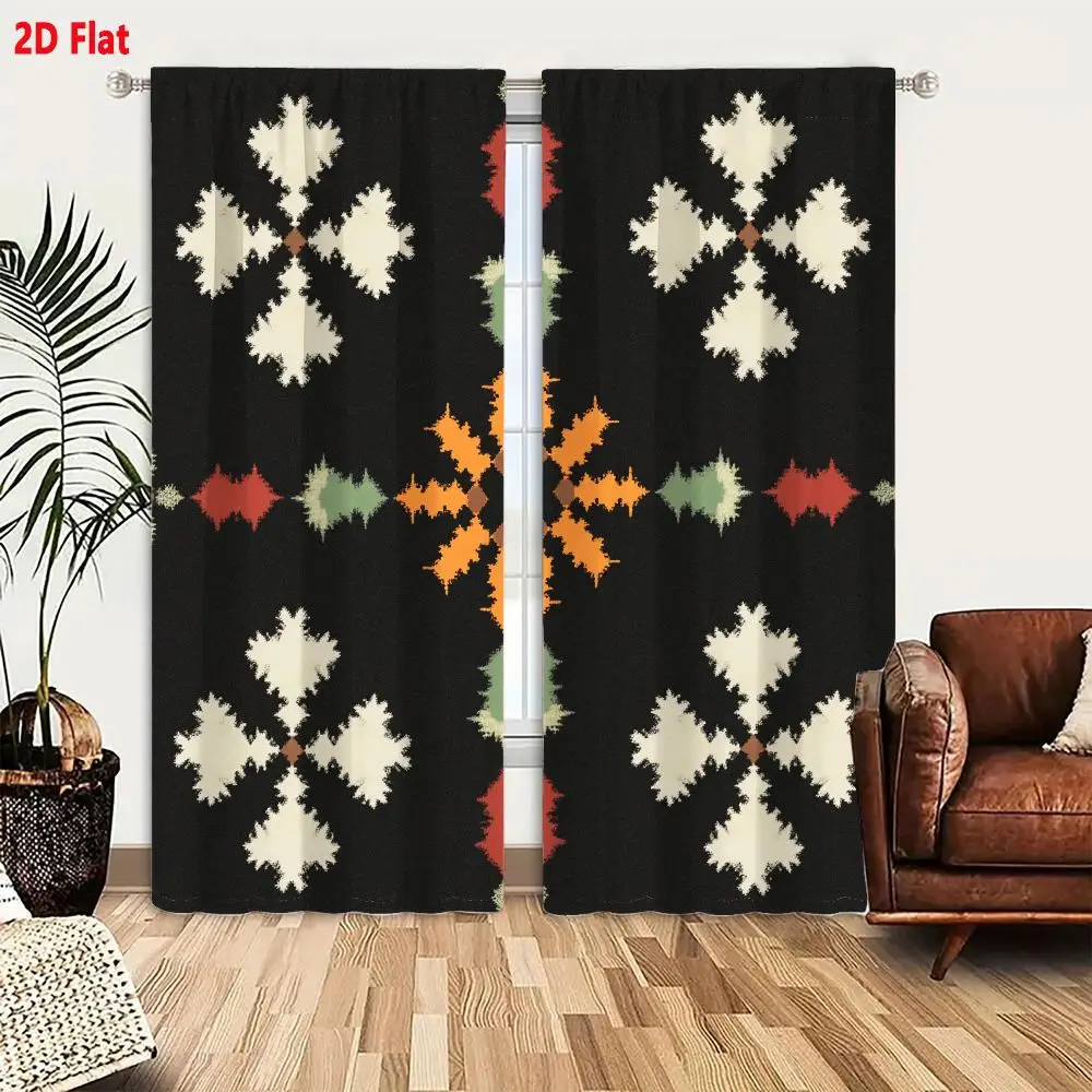 2Pcs Curtains 2D Flat Symmetrical Geometric Tribal Pattern With Orange Starburst And Cream Fractal Stars On Dark Gray Background