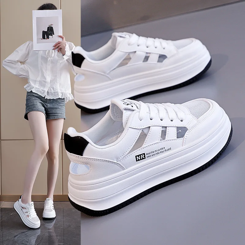 2026 Women's Summer Fashion Casual Shoes Hollow Breathable White Shoes Versatile Thick soled Sandals Sports Board Shoes