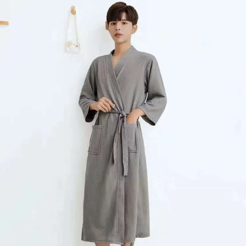 Robe Spring and Autumn Long Sleeves Sleepwear Waffle Casual Loose Couple Pajamas V-neck Sexy Nightgown Unisex Solid Color Women