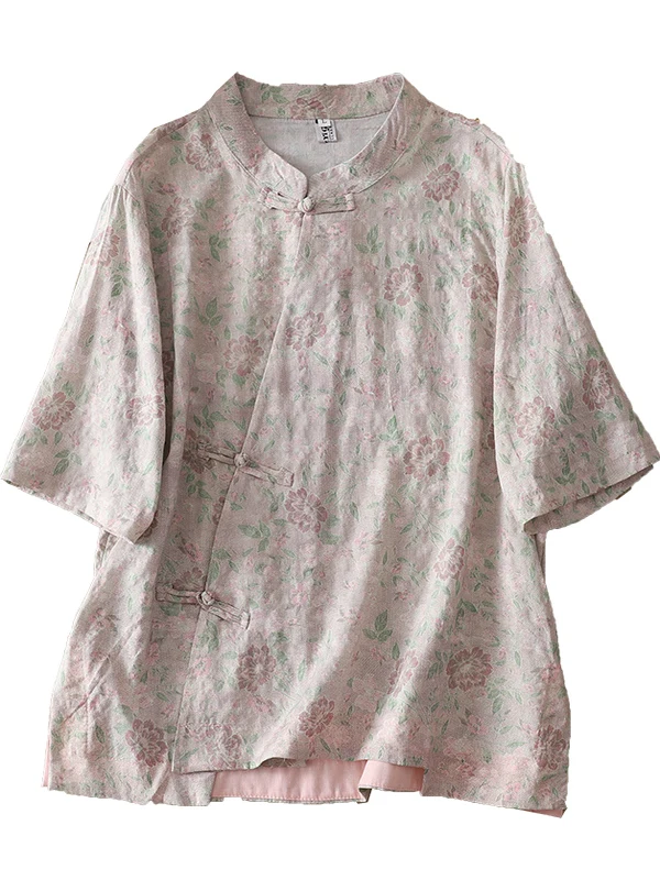 Neue Chinesische Sle Anti-Aging Druck irt Große Größe frauen Seite Schlitz Taste Stehkragen ort Sve Casual baumwolle Sommer