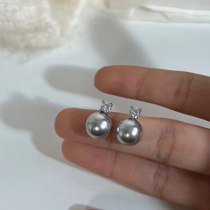 2023 New Arrival Simple Temperament Gray Pearl Zircon Stud Earrings For Women Fashion Water Drop Crystal Jewelry Gifts