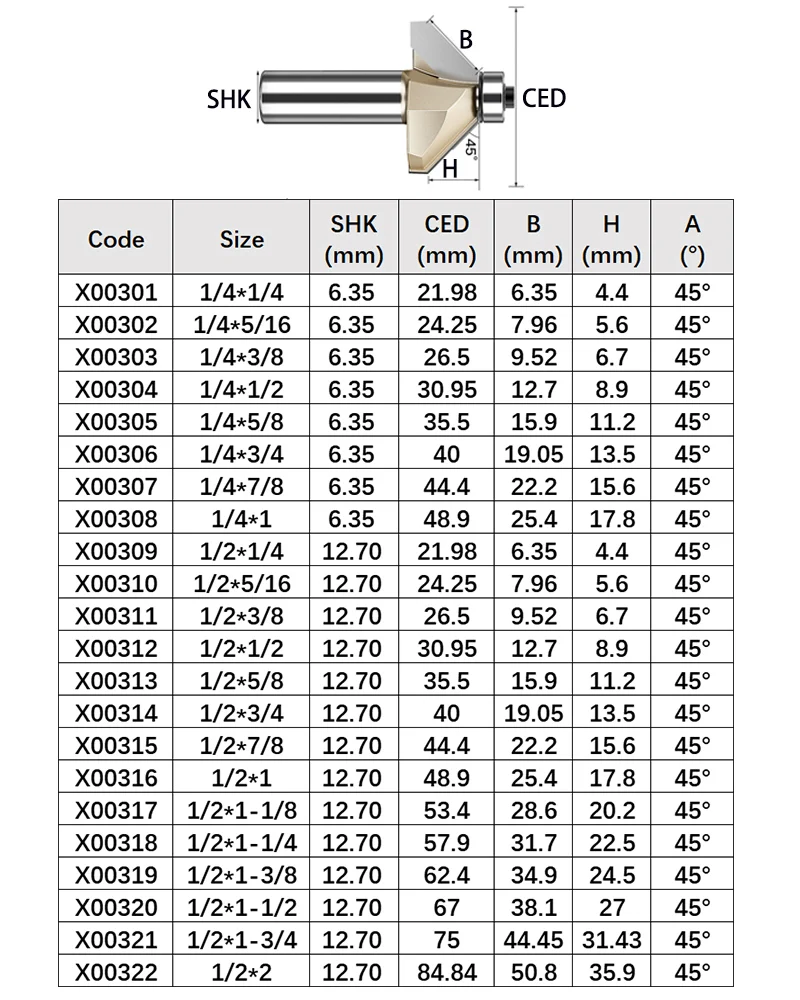 Tideway-brocas de enrutador de chaflán con rodamiento, herramientas de corte de madera CNC, cortador de fresado para carpintería, 45 grados