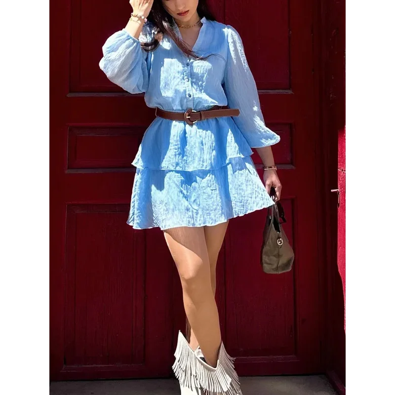 Moda casual feminina em camadas cor sólida com decote em v único breasted manga comprida faixa mini vestido nova moda 2025 vestido de verão