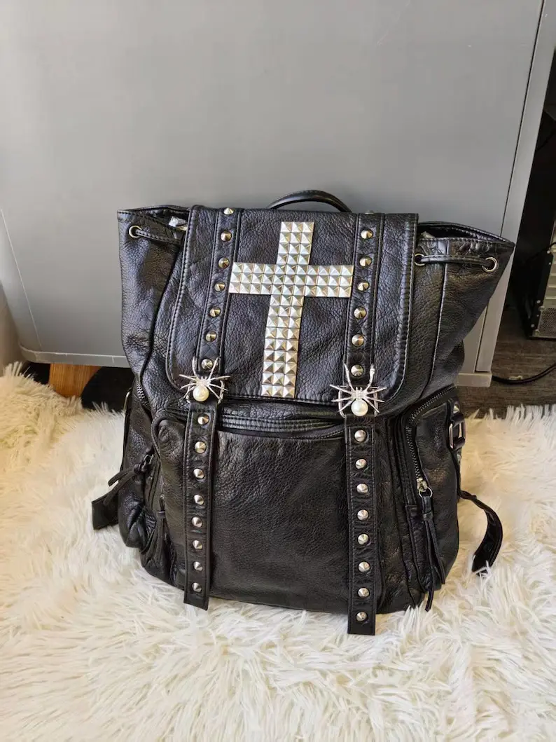 Punk Studded Black Leather Drawstring Backpack Y2K Gothic Spider Cross Rivet Decor School Bag Large Capacity Backpack