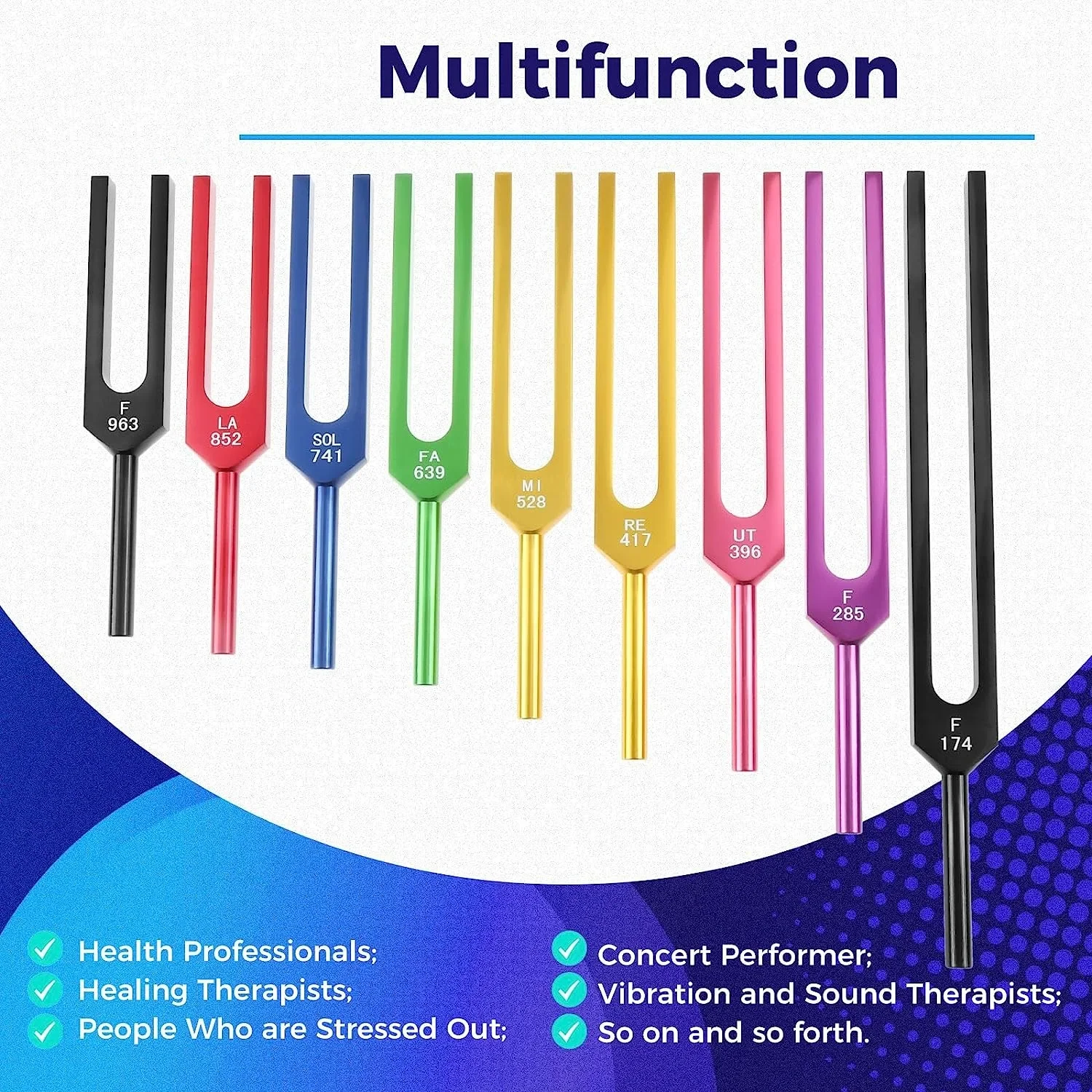 Imagem -04 - Conjunto de Diapasões Solfeggio Kit de Bolsa de Martelo de Silicone 174 285 396 417 528 639 741 852 963 hz Instrumentos Musicais Coloridos Peças