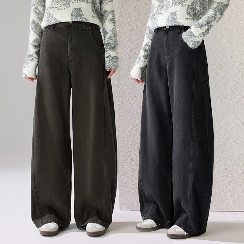 Women's High Waist Barrel Jeans Vintage Dark Green Washed Loose Wide Leg Baggy Denim Trousers