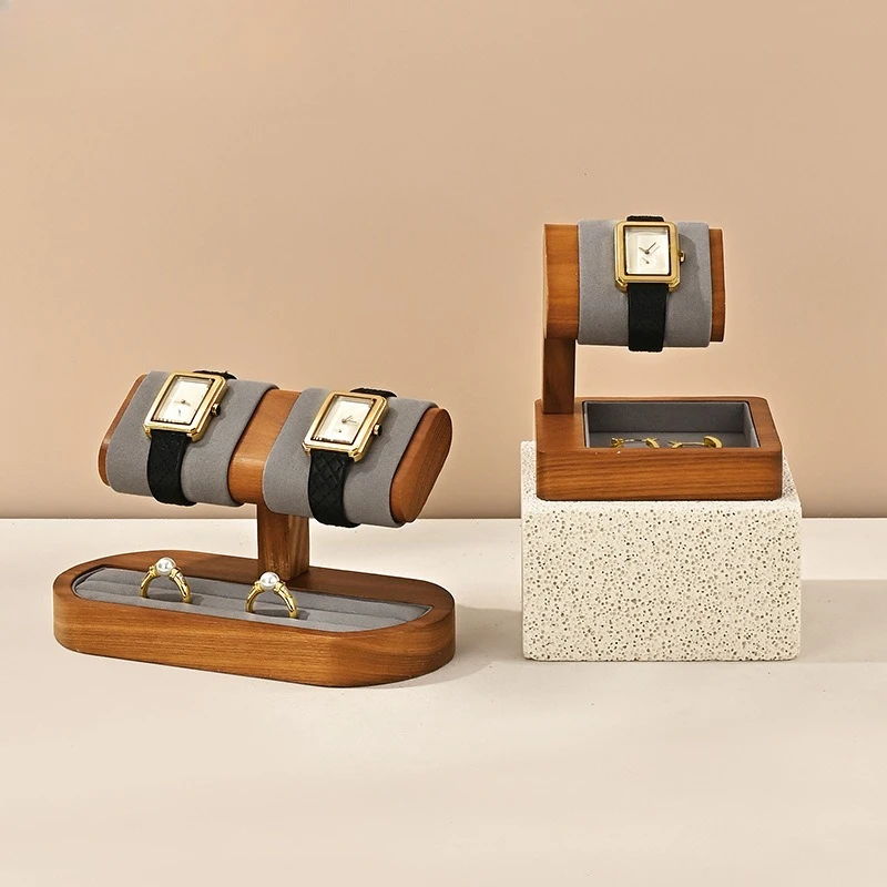 Luxury Solid Wood Watch Display Stand Microfiber Wristwatch Holder for Counter & Window Display