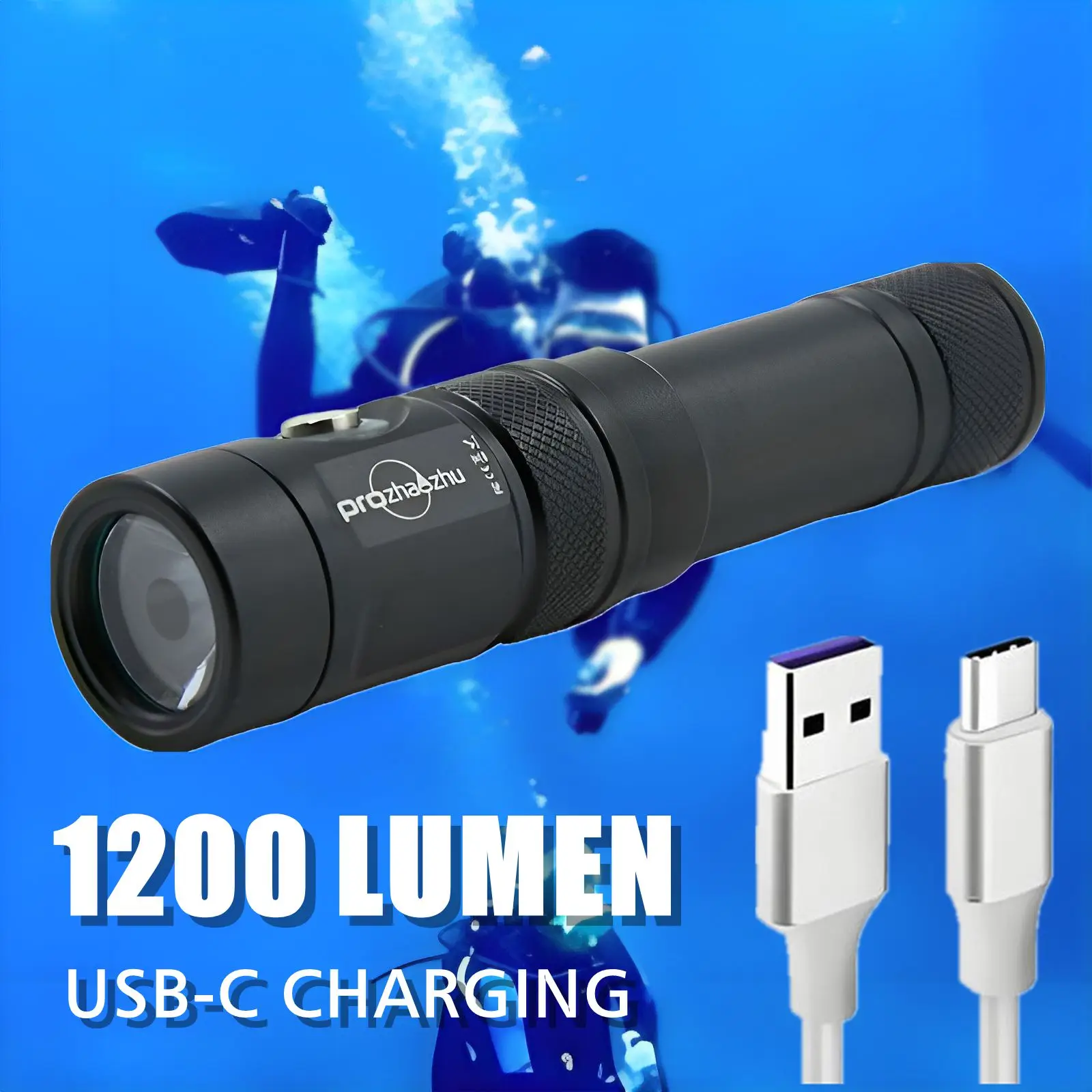 Aluminum Alloy LED Diving Lights 1200 Lumen 21700 Built-in USB-C Rechargeable Dive Flashlight 100M Depth
