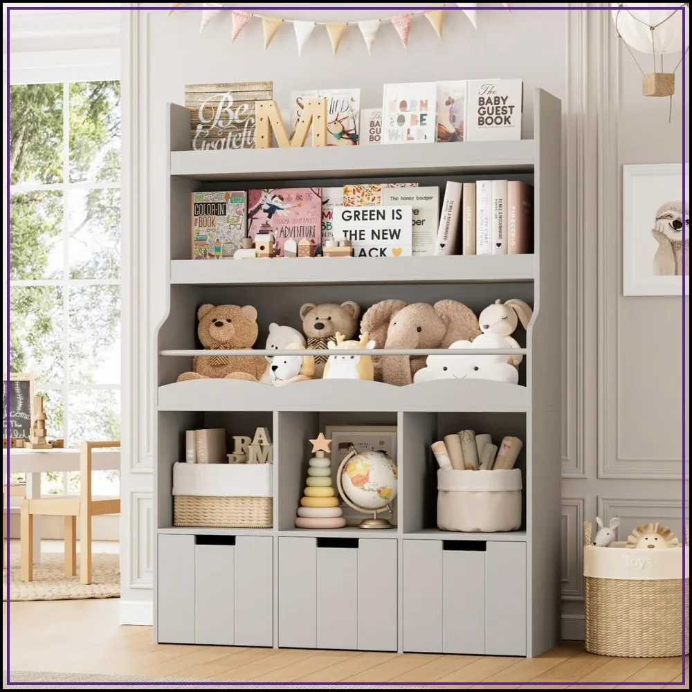 Toy Storage Organizer with Bookshelf and Stuffed Animal Holder, Gray