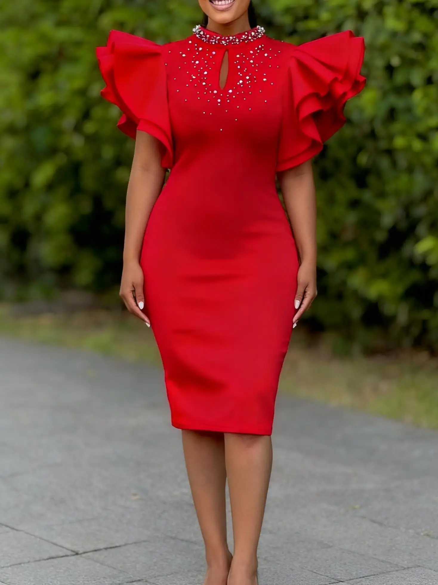 Elegant Plus Size Women's Pearl Embellished Bodycon Dress