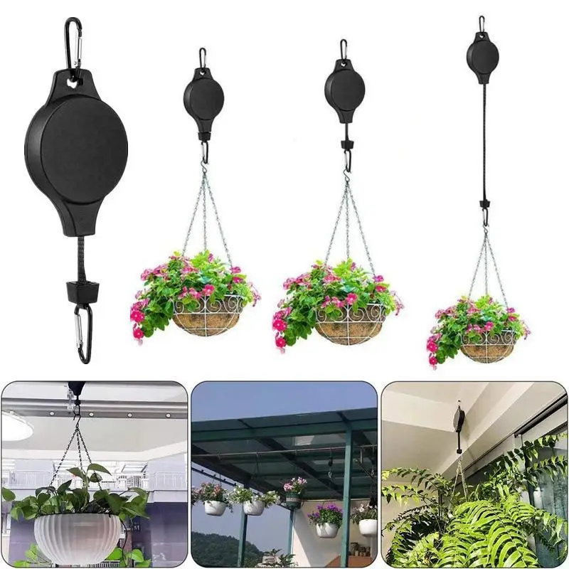 Adjustable Retractable Plant Pulley Hanger Hook, Heavy Duty Hanging Basket Hook For Garden Flower Pots Bird Feeders Outdoor Pati