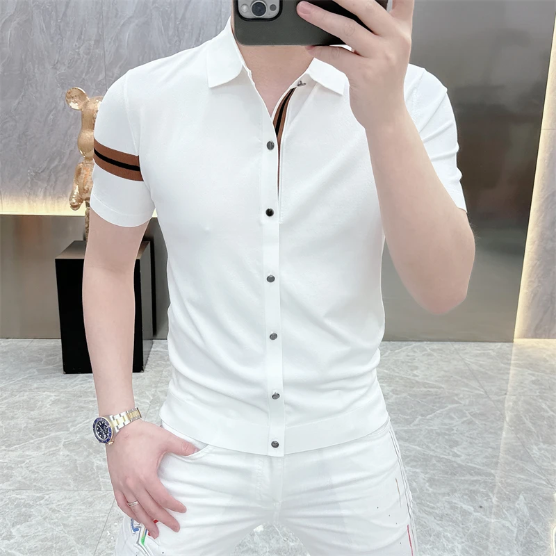 2024 Summer Stripe Knitted T-shirt for Men Polo Collar Ice Silk Short Sleeve T-shirt Men\'s Casual Business Knitwear Tee Tops