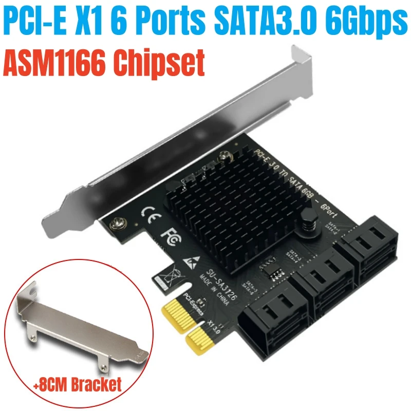 PCI-E 3.0 x1 to 6 Ports SATA3.0 6Gbps Expansion Card Adapter Chipset ASM1166 for HDD/SSD/NAS/Mining, with Heat Sink & 2 Brackets