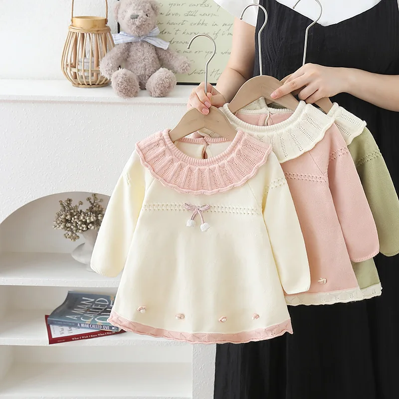 

Lace Sweater Dress Casual and Fashionable Girls Korean New Round Neck Tulip Flower Cute and Sweet Dress