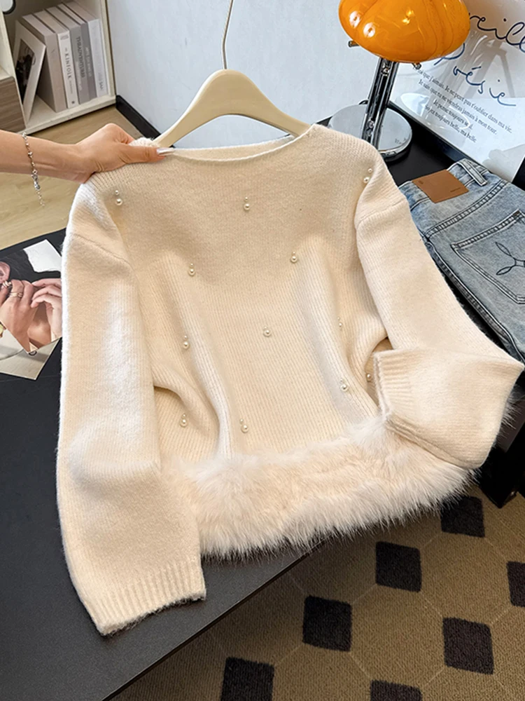 

Тяжелый вязаный свитер с аппликациями для женщин, осенне-зимний, новый, стройнящий, универсальный базовый слой, повседневный свитер