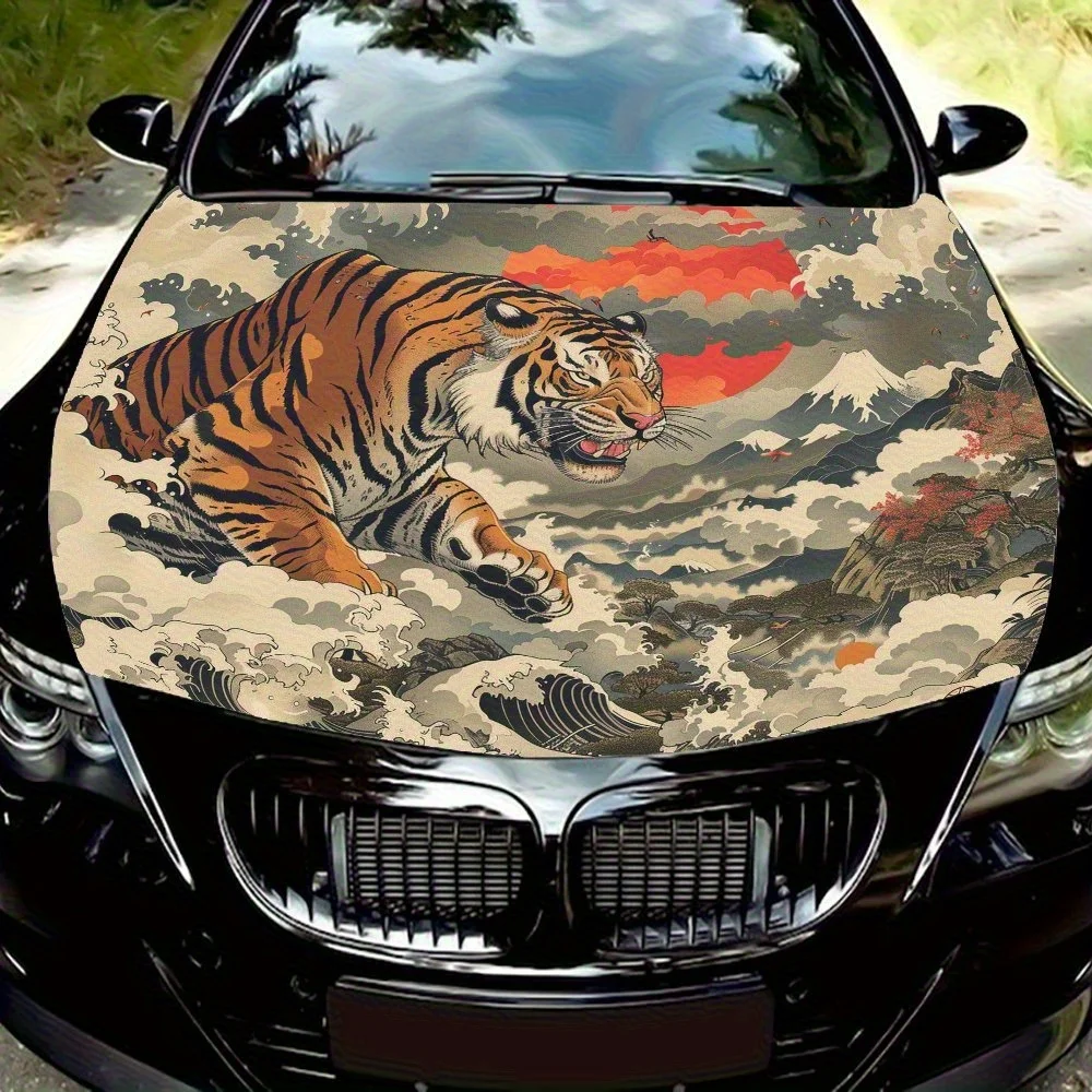 

Red Sun, Sea, Tigers Car Hood Decal Sticker - Splash-Resistant PVC Vinyl Wrap, Easy Removal No Residue, Fit For Most Vehicles, D
