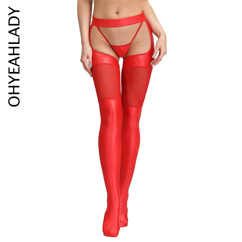 

Ohyeahlady Women's Sexy Hosiery Solid Red Leather High Waist Crotchless Stocking Pantyhose Garter Belt Stretch Tights with Panty