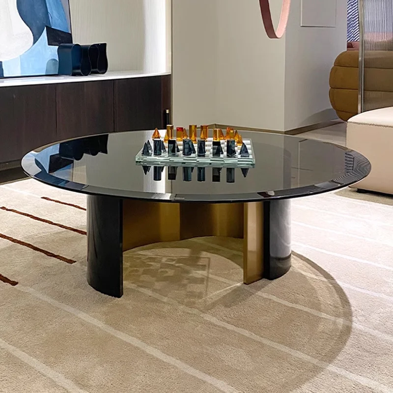 &Luxury Design Coffee Table Villa Living Room Furniture Stainless Steel Tempered Glass Center Table Circular Coffee Table