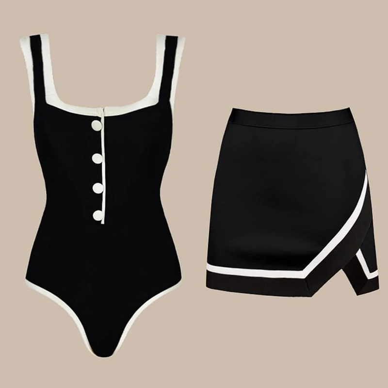 Summer Womens swimsuit White and Black Color Block One Piece Swimsuit and Skirt Vacation Beach Outfits Bodysuit Biquini Tankini