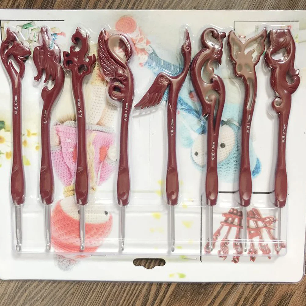 8 قطعة مقبض الألومنيوم إبرة كروشيه مجموعة الرجعية مختلطة إبر الحياكة للمبتدئين البني الحيوان زهرة شكل اليدوية سترة حقيبة #2