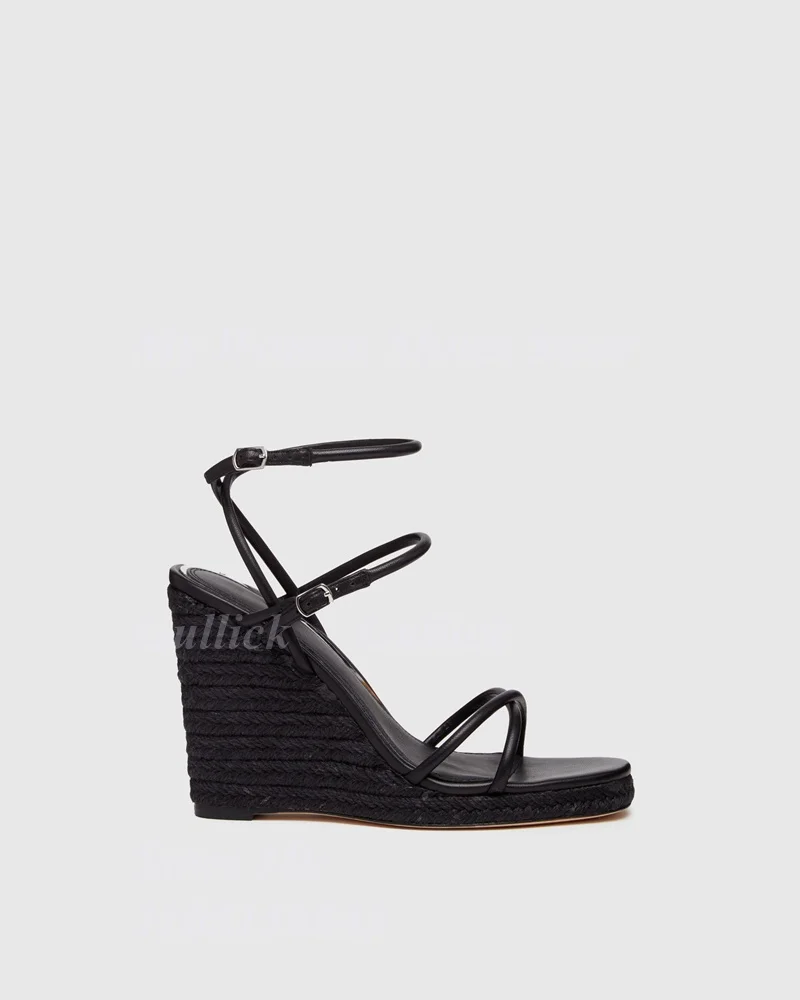 Sandalias de Tejido de Paja 2026 con Cierres de Hebilla Metálica, Plataforma de Cuña Envuelta en Yute Negro, Punta Abierta, Zapatos de Cuerda Fina, Nuevas Llegadas