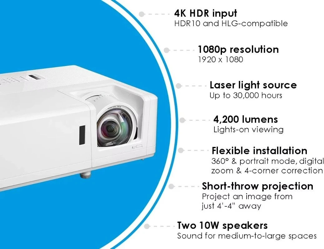 Optoma ZH406ST 4K HDR Input Video Projector, Short Throw 4200lumens DLP Proyector with 10W*2 Speaker Laser Lamp Beamer