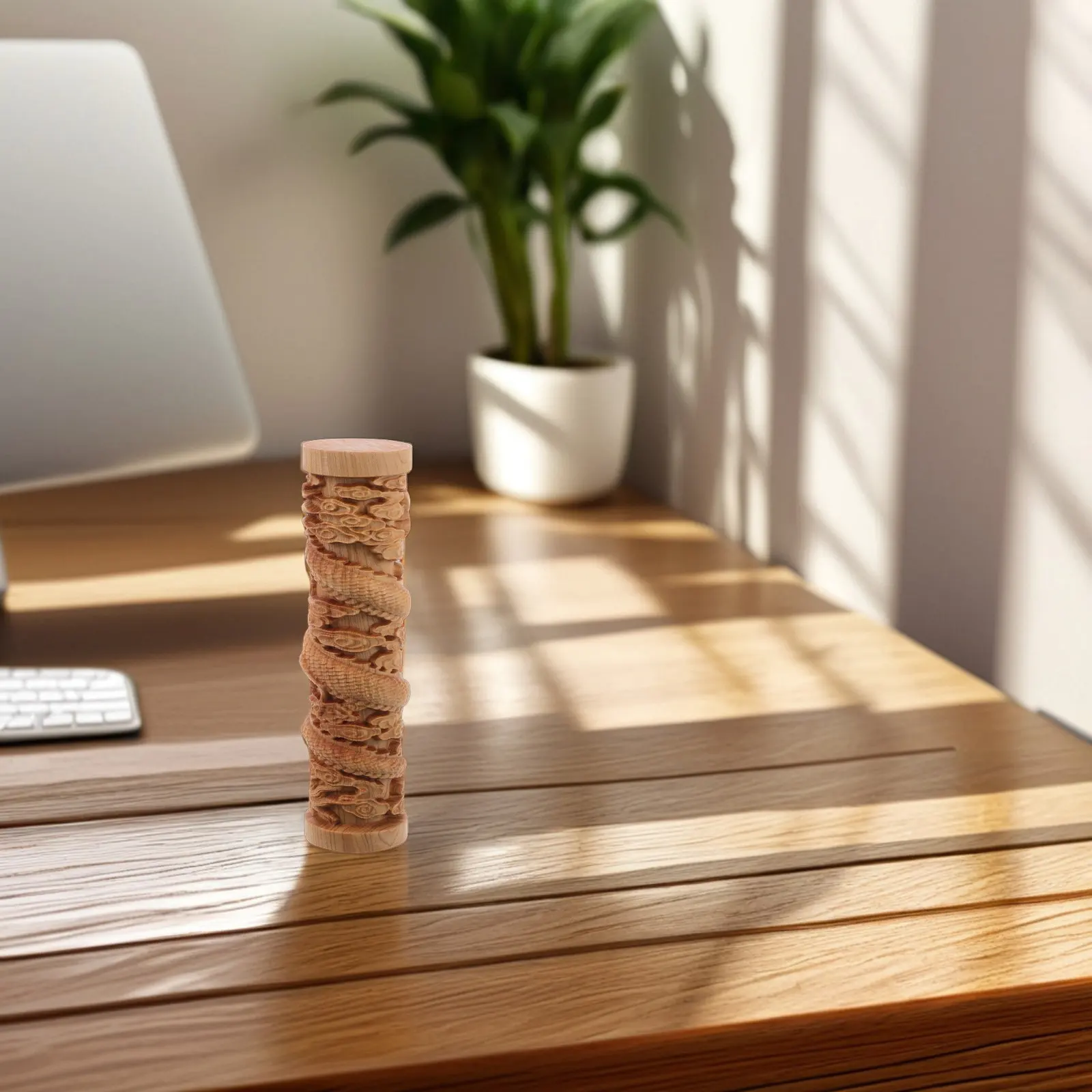 Handcrafted Wooden Dragon Pillar Desk Ornament Exquisite 3D Carving Peace Symbol Unique Cylinder Sculpture for Home Office Decor