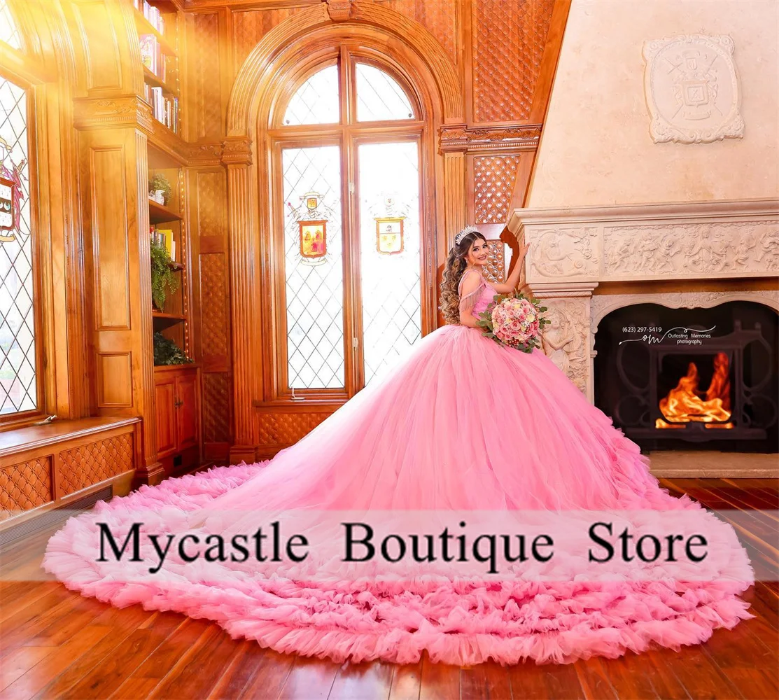 Pink Tulle Beaded Quinceanera Dresses Ball Gown 2025 Lace Appliques Ruffled Sweet 16 Dress Customized Vestidos De XV Años