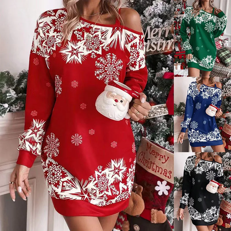 2025 Christmas Dress Women Sexy Off Shoulder Loose Short Dresses For Women Fashion Long Sleeve Party Club Dress Red