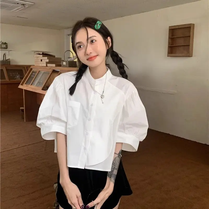 French Stand Collar Loose Sweet Solid Color Single Breasted Shirt 2024 Design Summer Tender Grace Comfortable Puff Sleeve Tops