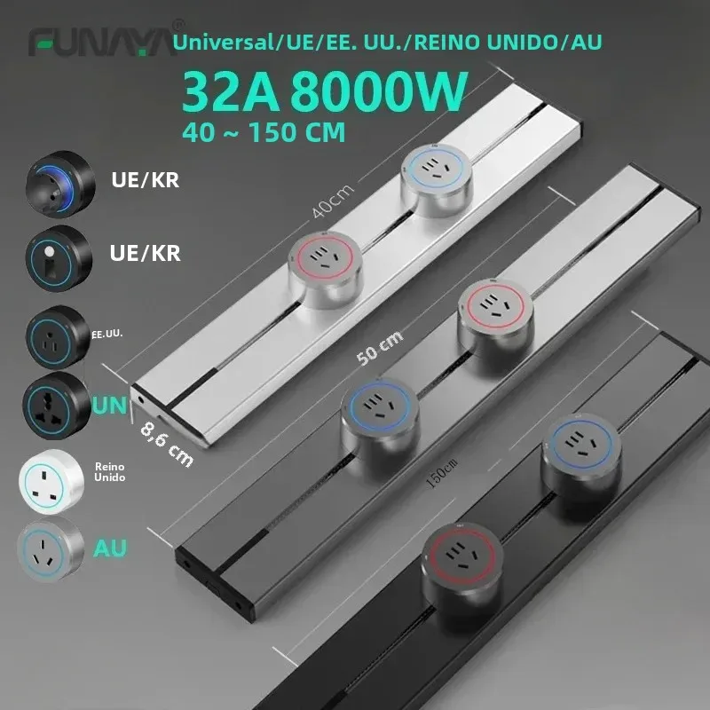 

32A Рельсовые розетки для ЕС/Великобритании/США/Австралии, универсальные 8000 Вт Kicten Office, раздвижная вилка 110 В, 220 В, съемная 2 USB 1 розетки типа C