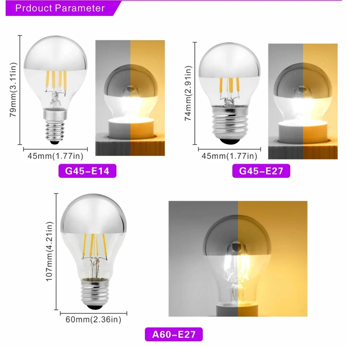 Edison E27 E14 Vintage LED Filament Bulb Classic Decorative Light Bulbs For Photo Studio Cafe Lighting Half Chrome Head Style 4w